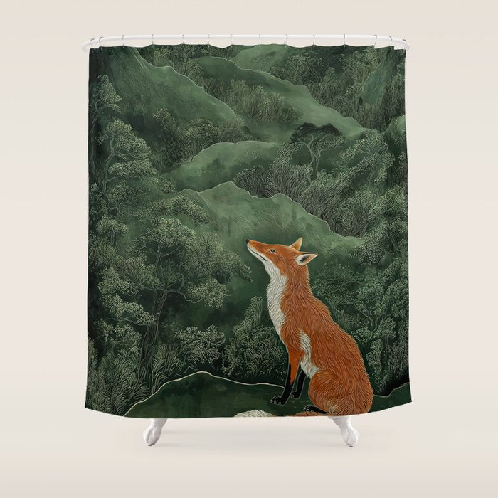 Japanese Painting Botanical Wall Art Japanese Art Green Poster Fox Art Wabi Sabi Minimalist Art  Shower Curtain Gallery Image 1