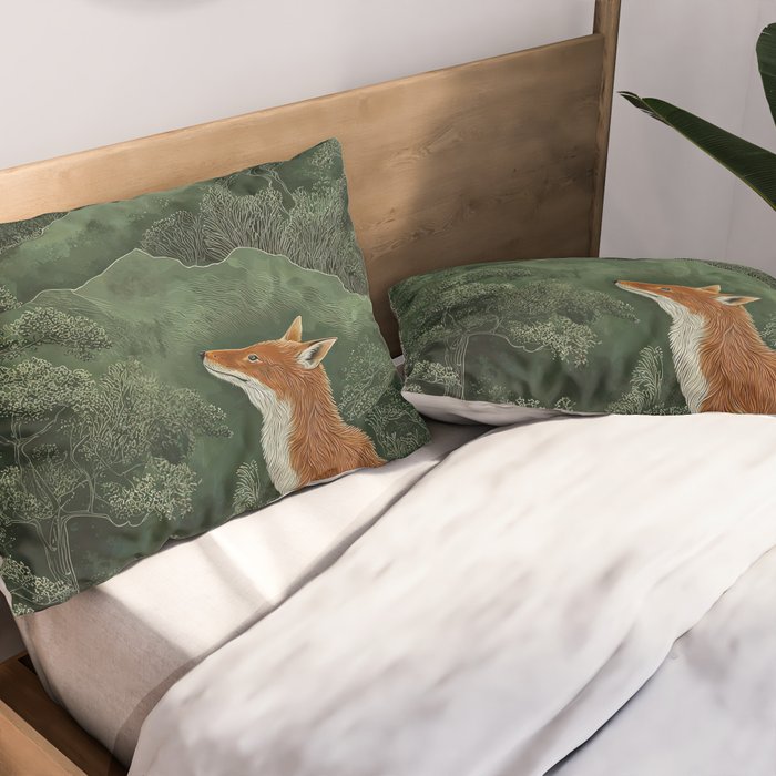 Japanese Painting Botanical Wall Art Japanese Art Green Poster Fox Art Wabi Sabi Minimalist Art  Pillow Sham Gallery Image 2