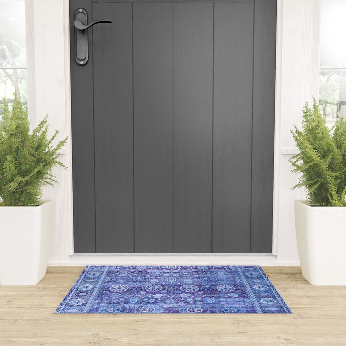 18th Century Isfahan Persian Rug Pattern in Blue Welcome Mat Gallery Image 3