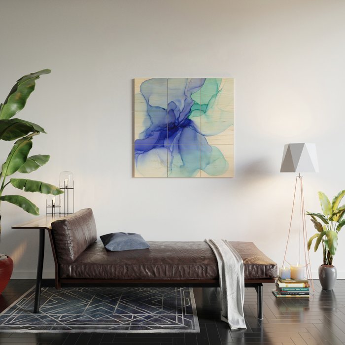 Blue Floral Abstract Ink Wood Wall Art Gallery Image 2