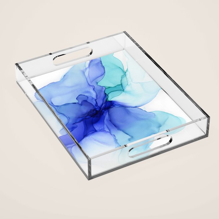 Blue Floral Abstract Ink Acrylic Tray Gallery Image 1