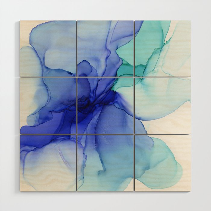 Blue Floral Abstract Ink Wood Wall Art Gallery Image 1