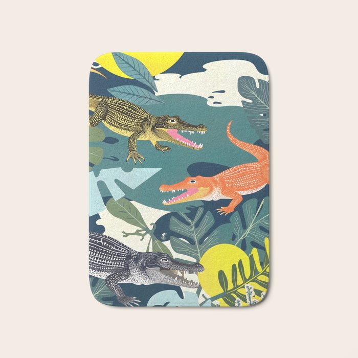 Three Crocodiles_Wildlife Jungle Animals Forest_Whimsical Scary Quirky Crocs_Eclectic Tropical Bath Mat Gallery Image 1