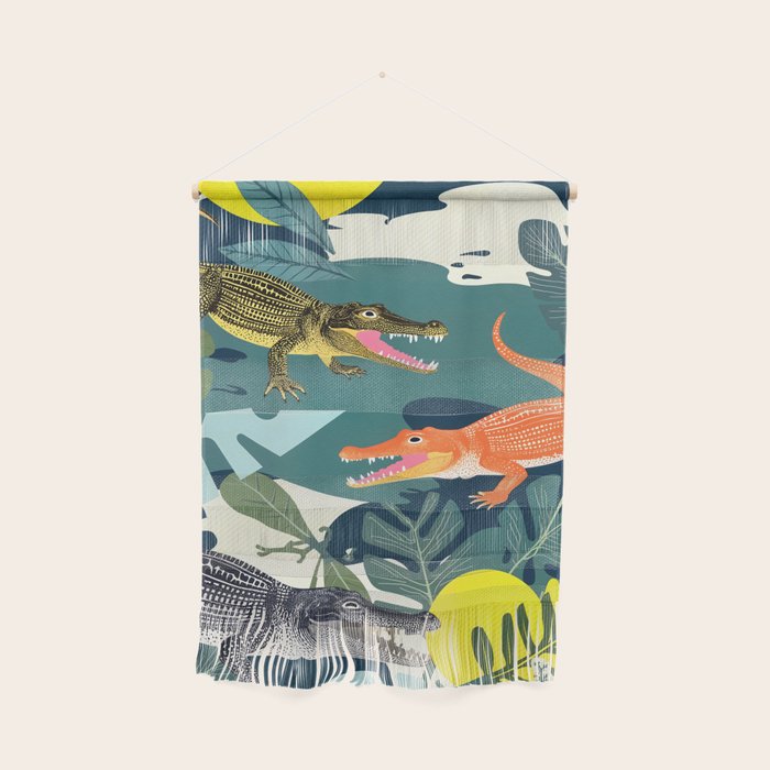 Three Crocodiles_Wildlife Jungle Animals Forest_Whimsical Scary Quirky Crocs_Eclectic Tropical Wall Hanging Gallery Image 1