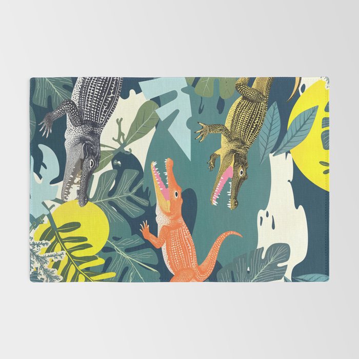 Three Crocodiles_Wildlife Jungle Animals Forest_Whimsical Scary Quirky Crocs_Eclectic Tropical Rug Gallery Image 2