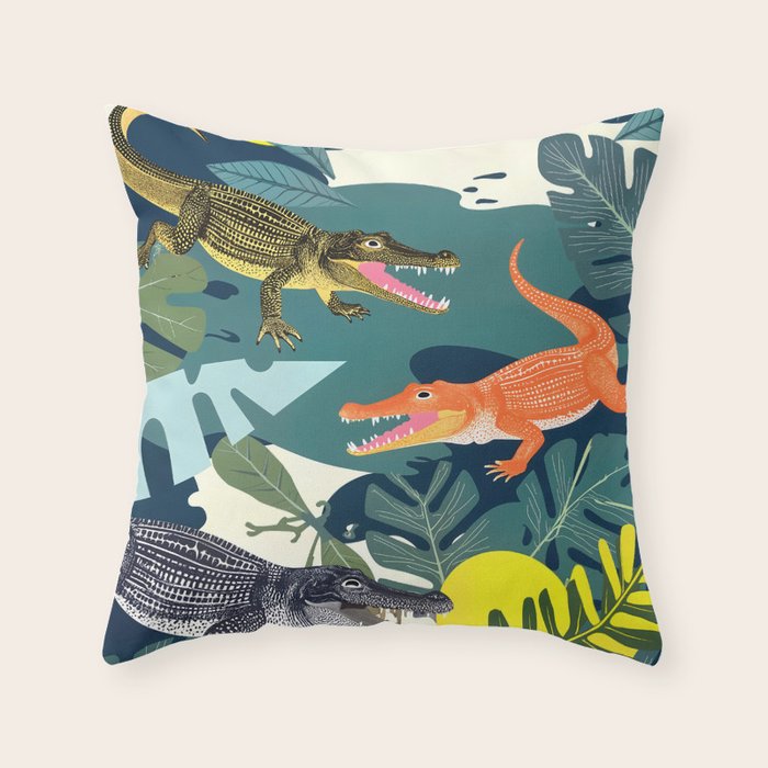Three Crocodiles_Wildlife Jungle Animals Forest_Whimsical Scary Quirky Crocs_Eclectic Tropical Throw Pillow Gallery Image 1