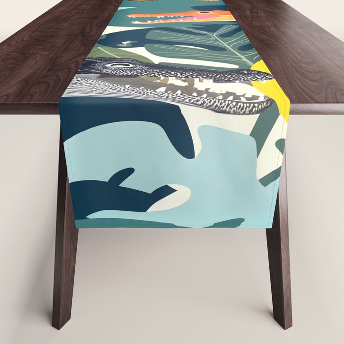 Three Crocodiles_Wildlife Jungle Animals Forest_Whimsical Scary Quirky Crocs_Eclectic Tropical Table Runner Gallery Image 1