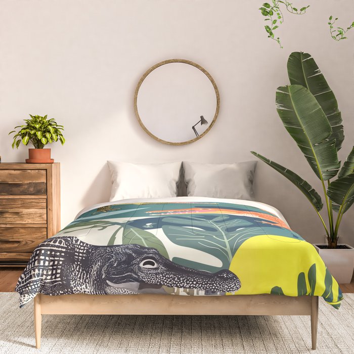 Three Crocodiles_Wildlife Jungle Animals Forest_Whimsical Scary Quirky Crocs_Eclectic Tropical Comforter Gallery Image 3