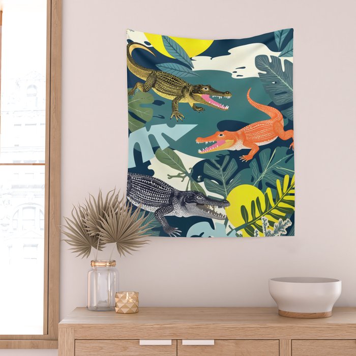 Three Crocodiles_Wildlife Jungle Animals Forest_Whimsical Scary Quirky Crocs_Eclectic Tropical Wall Tapestry Gallery Image 2