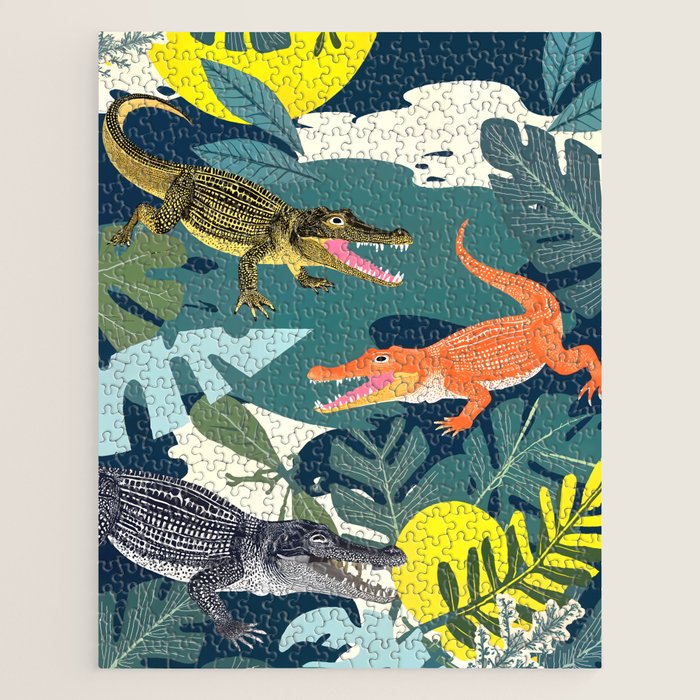Three Crocodiles_Wildlife Jungle Animals Forest_Whimsical Scary Quirky Crocs_Eclectic Tropical Jigsaw Puzzle