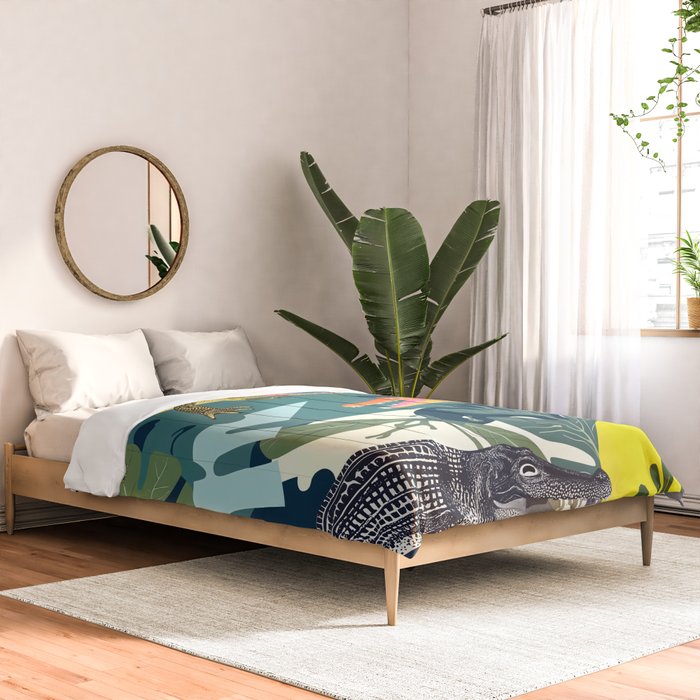 Three Crocodiles_Wildlife Jungle Animals Forest_Whimsical Scary Quirky Crocs_Eclectic Tropical Comforter Gallery Image 2