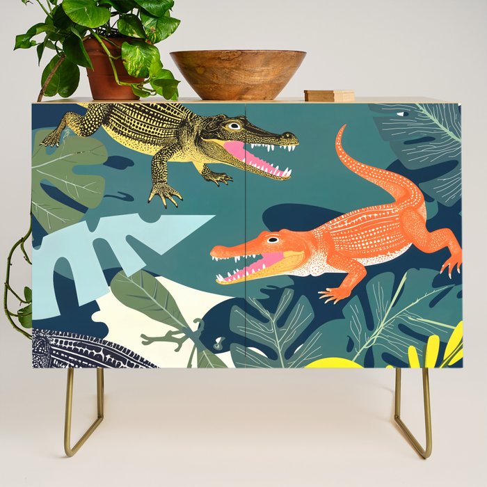 Three Crocodiles_Wildlife Jungle Animals Forest_Whimsical Scary Quirky Crocs_Eclectic Tropical Credenza Gallery Image 1