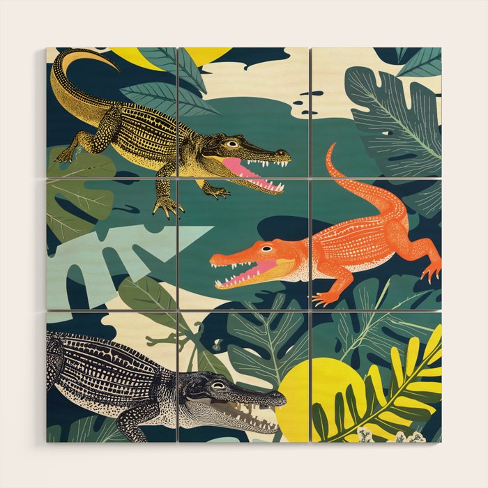 Three Crocodiles_Wildlife Jungle Animals Forest_Whimsical Scary Quirky Crocs_Eclectic Tropical Wood Wall Art Gallery Image 1
