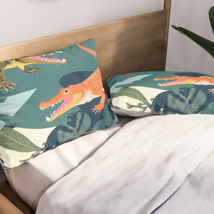 Three Crocodiles_Wildlife Jungle Animals Forest_Whimsical Scary Quirky Crocs_Eclectic Tropical Pillow Sham Gallery Image 2
