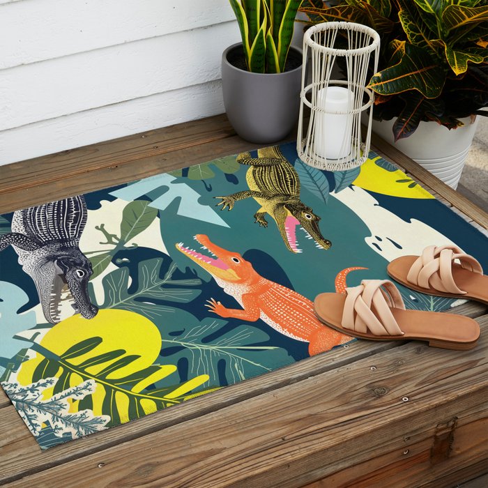 Three Crocodiles_Wildlife Jungle Animals Forest_Whimsical Scary Quirky Crocs_Eclectic Tropical Outdoor Rug Gallery Image 2