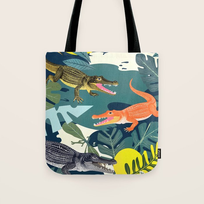 Three Crocodiles_Wildlife Jungle Animals Forest_Whimsical Scary Quirky Crocs_Eclectic Tropical Tote Bag Gallery Image 1