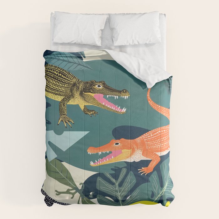 Three Crocodiles_Wildlife Jungle Animals Forest_Whimsical Scary Quirky Crocs_Eclectic Tropical Comforter Gallery Image 1