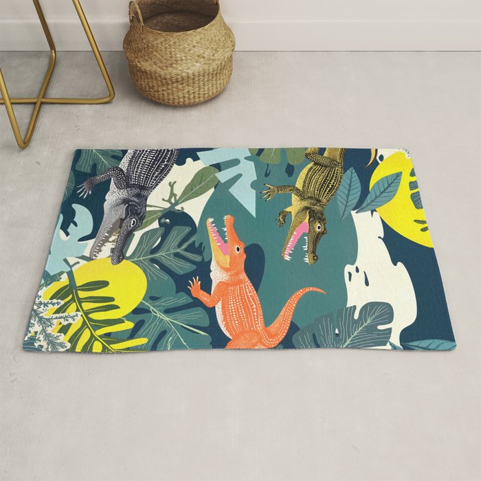 Three Crocodiles_Wildlife Jungle Animals Forest_Whimsical Scary Quirky Crocs_Eclectic Tropical Rug Gallery Image 1