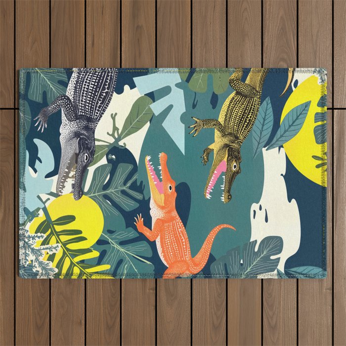 Three Crocodiles_Wildlife Jungle Animals Forest_Whimsical Scary Quirky Crocs_Eclectic Tropical Outdoor Rug Gallery Image 1
