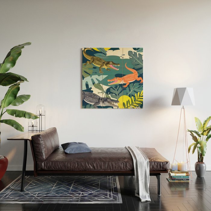 Three Crocodiles_Wildlife Jungle Animals Forest_Whimsical Scary Quirky Crocs_Eclectic Tropical Wood Wall Art Gallery Image 2