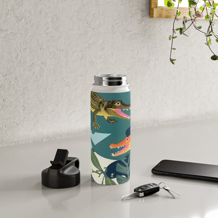 Three Crocodiles_Wildlife Jungle Animals Forest_Whimsical Scary Quirky Crocs_Eclectic Tropical Water Bottle Gallery Image 4