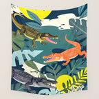 Three Crocodiles_Wildlife Jungle Animals Forest_Whimsical Scary Quirky Crocs_Eclectic Tropical Wall Tapestry Gallery Image 4