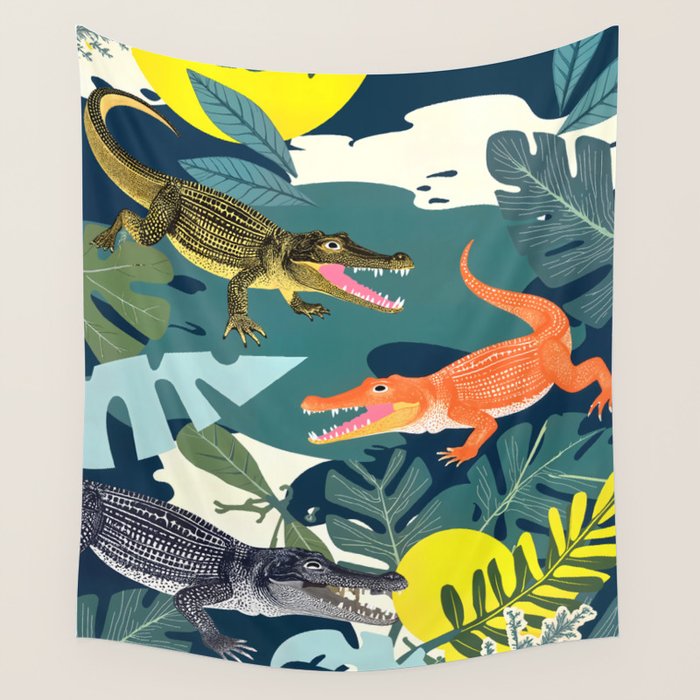 Three Crocodiles_Wildlife Jungle Animals Forest_Whimsical Scary Quirky Crocs_Eclectic Tropical Wall Tapestry Gallery Image 4