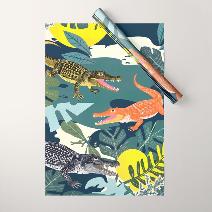 Three Crocodiles_Wildlife Jungle Animals Forest_Whimsical Scary Quirky Crocs_Eclectic Tropical Wrapping Paper Gallery Image 1