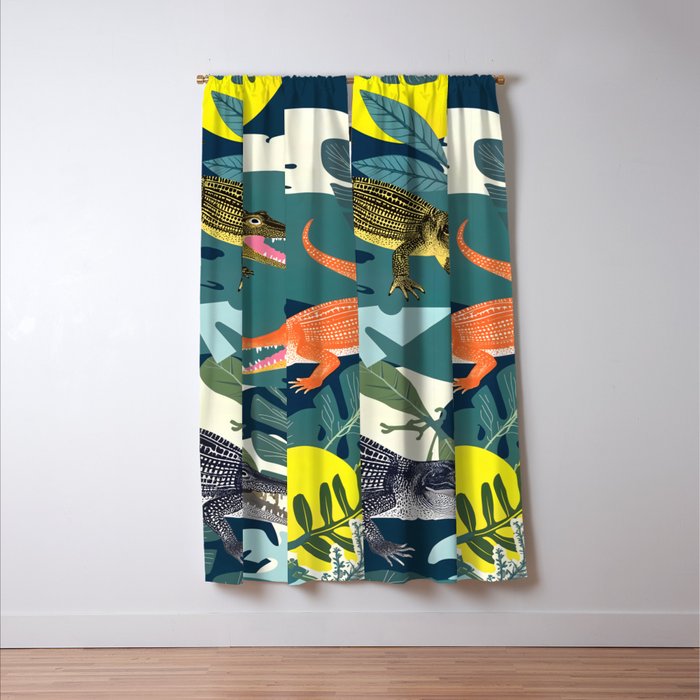 Three Crocodiles_Wildlife Jungle Animals Forest_Whimsical Scary Quirky Crocs_Eclectic Tropical Window Curtain Gallery Image 3
