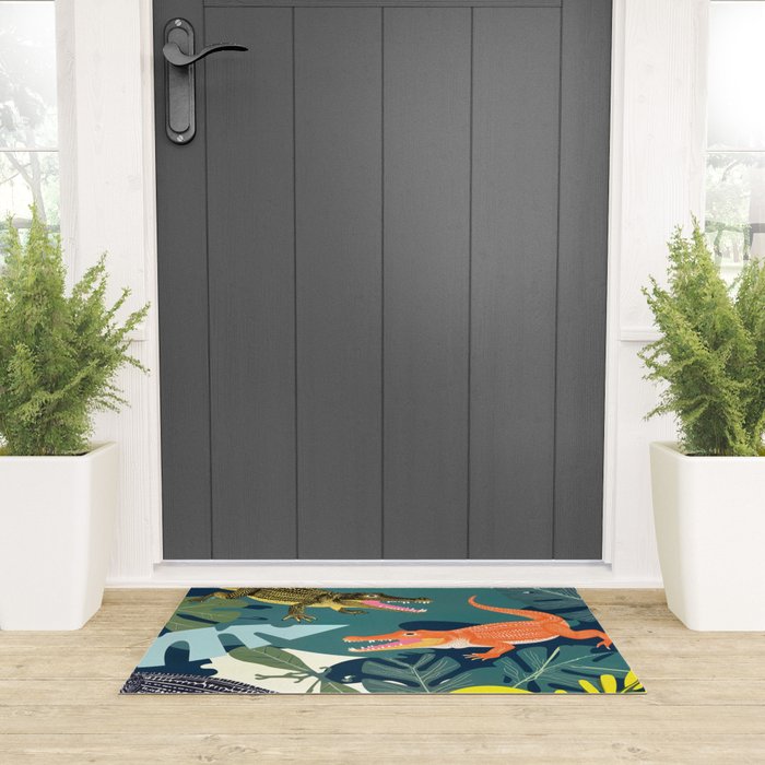Three Crocodiles_Wildlife Jungle Animals Forest_Whimsical Scary Quirky Crocs_Eclectic Tropical Welcome Mat Gallery Image 3