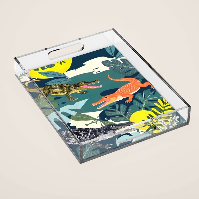 Three Crocodiles_Wildlife Jungle Animals Forest_Whimsical Scary Quirky Crocs_Eclectic Tropical Acrylic Tray Gallery Image 1