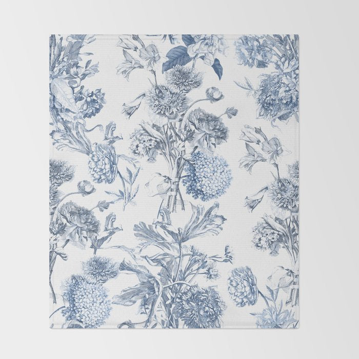 Floral Toile, Blue with White Background Throw Blanket Gallery Image 2