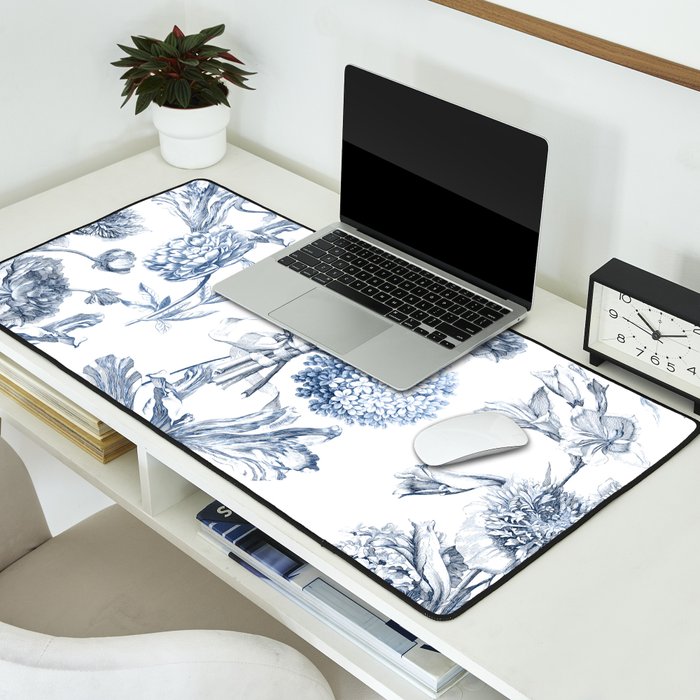 Floral Toile, Blue with White Background Desk Mat Gallery Image 2