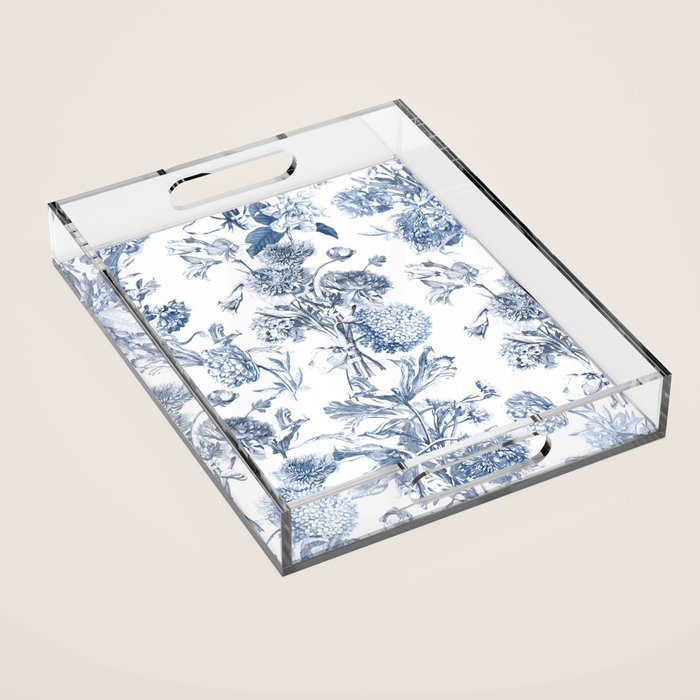 Floral Toile, Blue with White Background Acrylic Tray Gallery Image 1