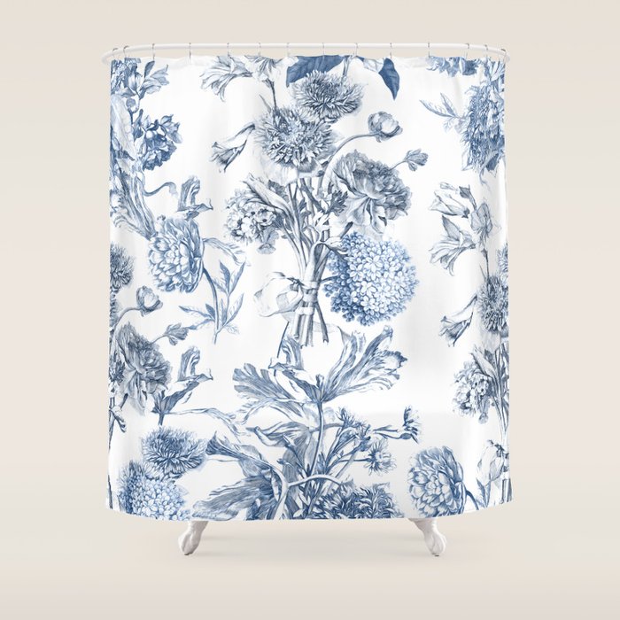 Floral Toile, Blue with White Background Shower Curtain Gallery Image 1