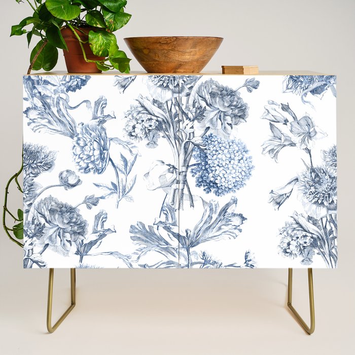 Floral Toile, Blue with White Background Credenza Gallery Image 1