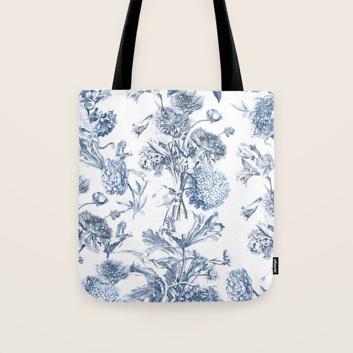 Floral Toile, Blue with White Background Tote Bag Gallery Image 1
