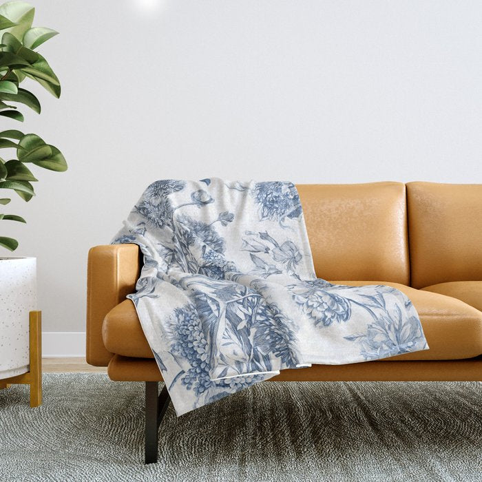 Floral Toile, Blue with White Background Throw Blanket Gallery Image 1