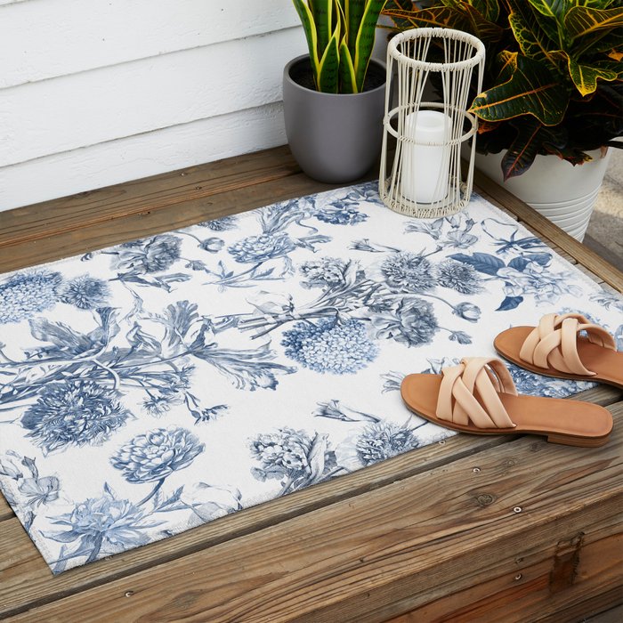 Floral Toile, Blue with White Background Outdoor Rug Gallery Image 2