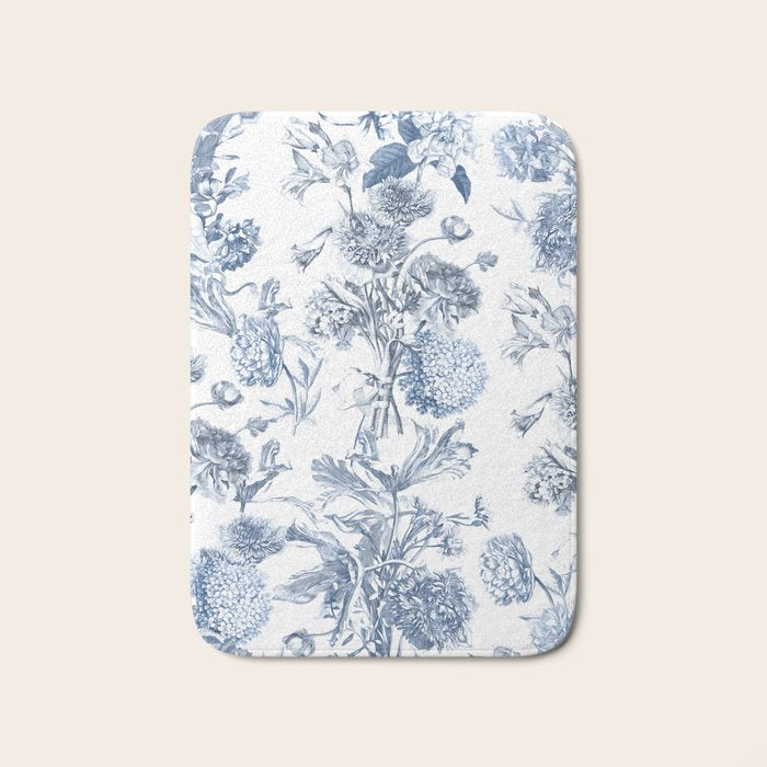 Floral Toile, Blue with White Background Bath Mat Gallery Image 1