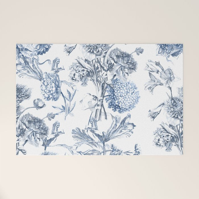 Floral Toile, Blue with White Background Welcome Mat Gallery Image 1