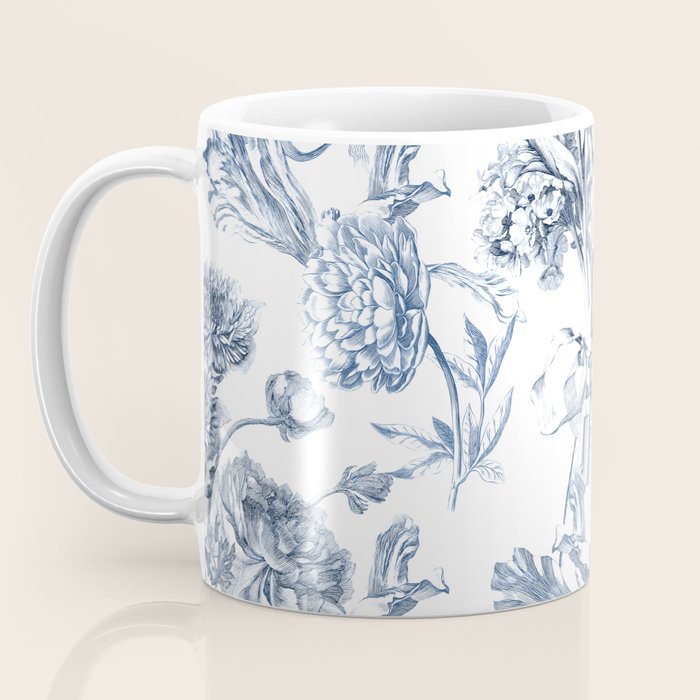 Floral Toile, Blue with White Background Coffee Mug Gallery Image 3