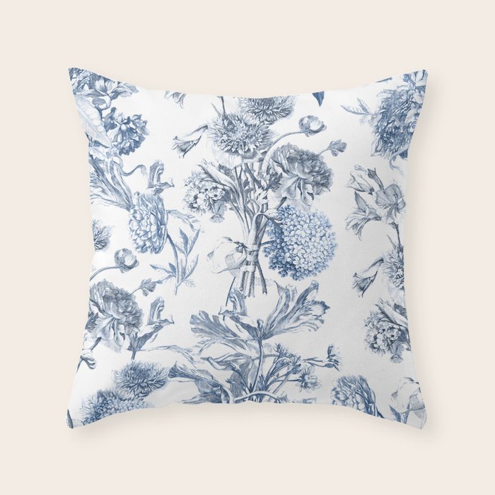 Floral Toile, Blue with White Background Throw Pillow Gallery Image 6