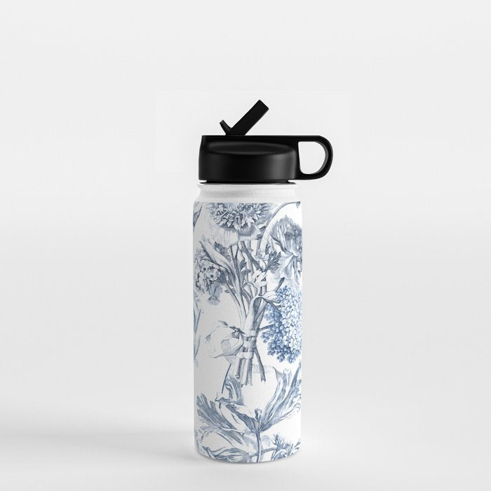 Floral Toile, Blue with White Background Water Bottle