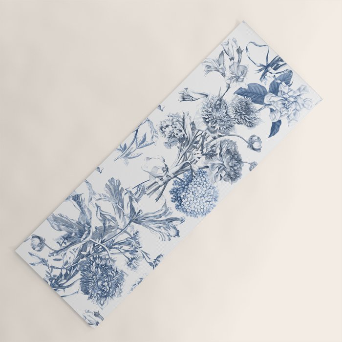 Floral Toile, Blue with White Background Yoga Mat