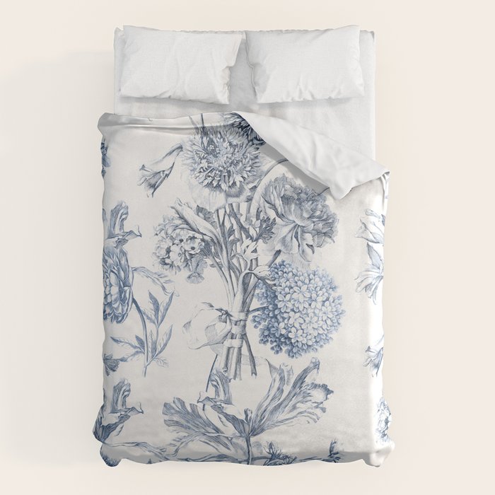 Floral Toile, Blue with White Background Duvet Cover Gallery Image 1