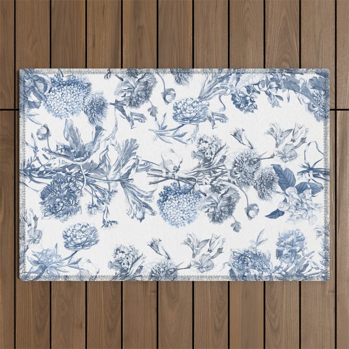 Floral Toile, Blue with White Background Outdoor Rug Gallery Image 1