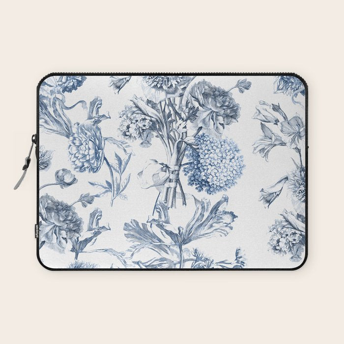 Floral Toile, Blue with White Background Laptop Sleeve Gallery Image 1