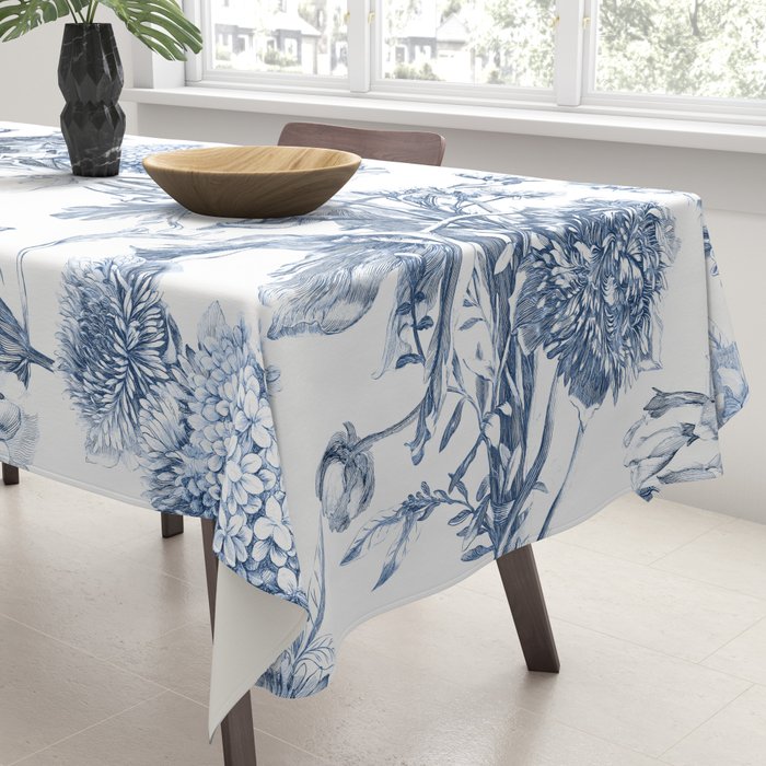Floral Toile, Blue with White Background Tablecloth Gallery Image 3