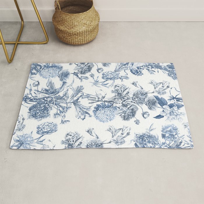 Floral Toile, Blue with White Background Rug Gallery Image 1